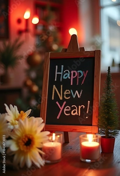Fototapeta Festive New Year's Greeting on a Blackboard with Warm Lights. Happy new year 2026