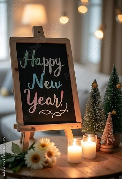 Fototapeta Festive New Year's Greeting on a Blackboard with Warm Lights. Happy new year 2026