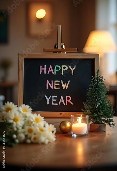 Fototapeta Festive New Year's Greeting on a Blackboard with Warm Lights. Happy new year 2026