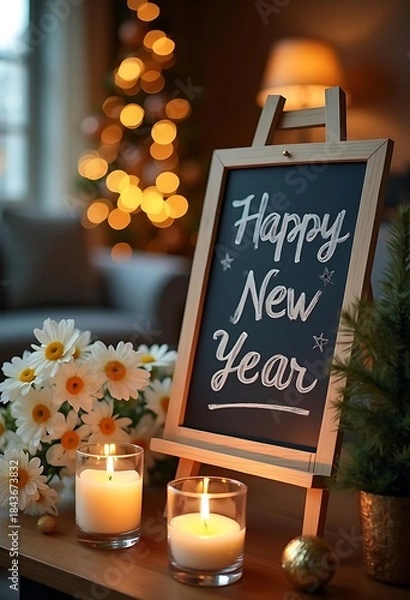 Fototapeta Festive New Year's Greeting on a Blackboard with Warm Lights. Happy new year 2026