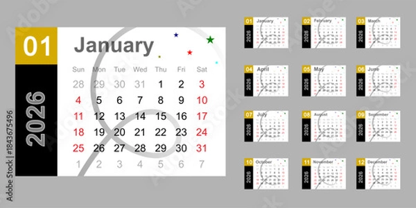 Fototapeta A set of 2026 vector calendar layout modern yellow and gray design horizontal format Monday start clean printable planner wall grid yearly overview each month minimal typography days organized by week