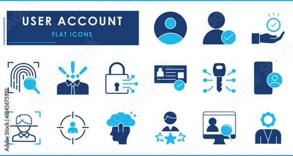 Fototapeta A set of flat icons related to User Accounts. Identity, face, security, avatar, lost, digital, person, target, encrypt, and so on.
