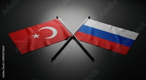 Fototapeta Crossed Flags of Turkey and Russia on Dark Background, Representing International Relations and Bilateral Diplomacy