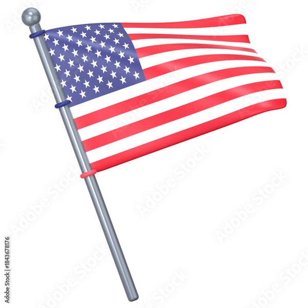 Fototapeta The American flag on a tilted pole 3D Icon Illustration. Low Poly Style