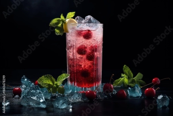Fototapeta Vibrant red cocktail is garnished with fresh mint, lemon, raspberries, and ice, creating a refreshing summer drink