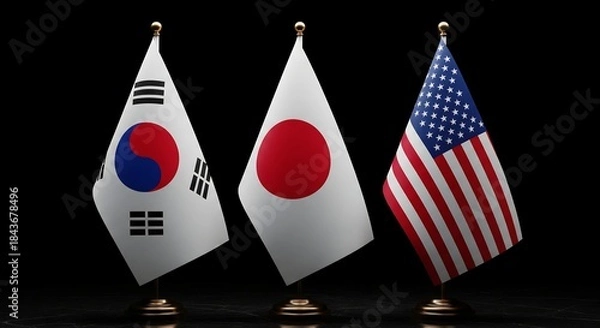 Fototapeta Flags of South Korea, Japan, and USA: Symbol of Alliance and Geopolitical Cooperation on Dark Background