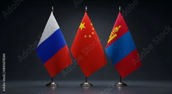 Fototapeta Russia, China, and Mongolia Flags on Stands Representing International Relations, Alliance, and Geopolitics