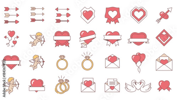 Fototapeta Valentine's Icons: A delightful assortment of Valentine's Day-themed icons, featuring hearts, arrows, cupid, and rings, perfect for design needs.