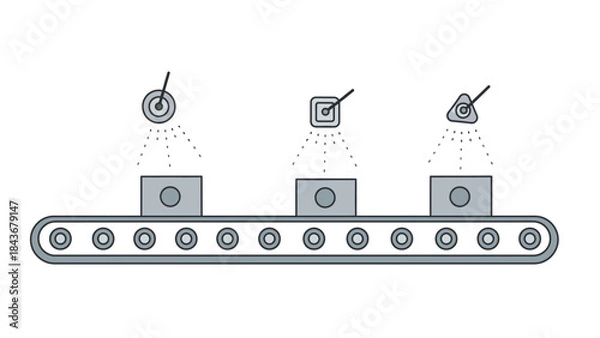 Fototapeta Precision Process: An abstract illustration showcasing an automated production line with three distinct components, each being precisely inspected, representing quality control and efficiency.