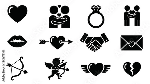 Fototapeta Love Symbols Icon Set: A collection of meticulously crafted love symbols in a sleek and modern design. It showcases various aspects of affection, commitment, and romance.