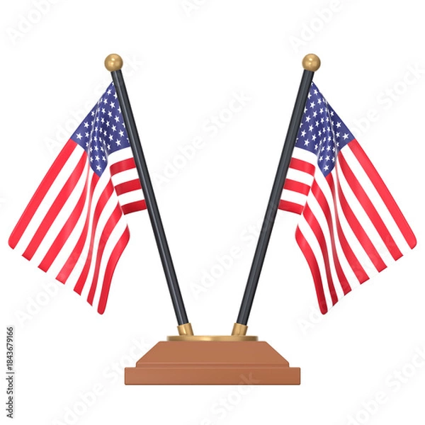 Fototapeta Two crossed USA flags on a stand 3D Icon Illustration. Low Poly Style