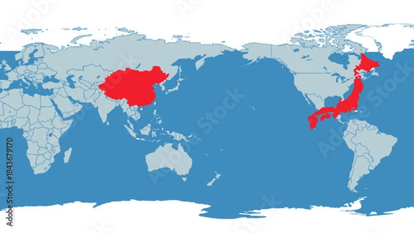 Fototapeta Asia map: A simplified depiction of Asia showcasing China and Japan highlighted in vibrant red against a backdrop of the Earth's oceans and continents. 