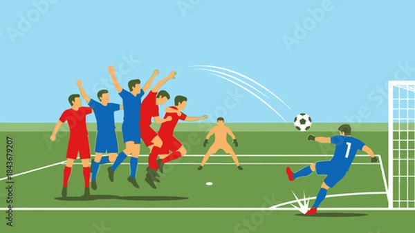 Fototapeta Soccer Game Illustration: An exciting soccer game illustration depicting players in action. A focused player kicking the soccer ball toward the goal post. 
