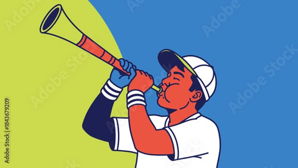 Fototapeta Fanfare's Anthem: An illustration of a dedicated fan, completely engrossed, passionately blowing a vuvuzela. Captured with dynamic lines and a vibrant palette, celebrating the spirit of the sport.