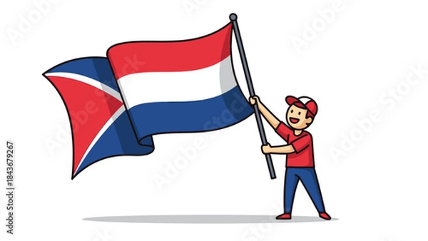 Fototapeta A cartoon person in red and blue clothes happily waving a Dutch flag with a stylized red and white triangle on a white background.