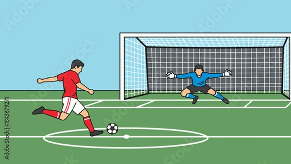 Fototapeta Goal Strike Showdown: A vivid display of athletic prowess as a soccer player prepares to strike the ball toward the goal, with the goalkeeper poised for defense.