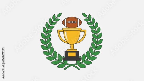 Fototapeta A golden trophy with an American football on top, surrounded by a green laurel wreath, symbolizing victory and achievement in sports.