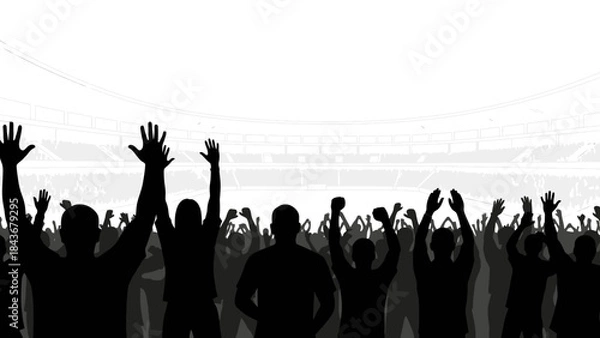 Fototapeta Excited Silhouette Crowd: A silhouette crowd stands with hands raised high in the air, creating a striking visual, perfect for capturing the essence of excitement and enthusiasm