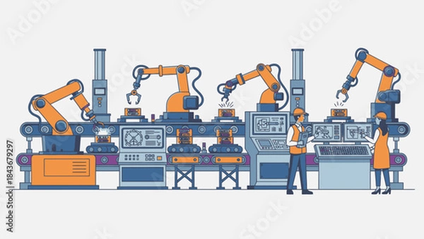 Fototapeta Robotic Assembly Line: An illustration of a modern industrial scene, showcasing automated processes with advanced machinery and human interaction in a manufacturing setting.