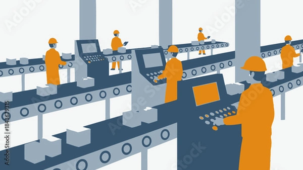 Fototapeta Automated Production: Workers diligently oversee a modern production line, showcasing automated processes.