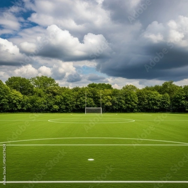 Obraz Empty green football field under dramatic cloudy sky