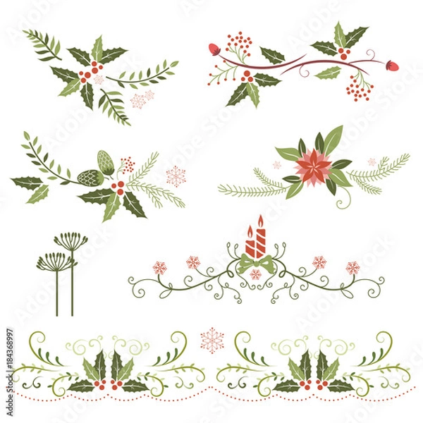 Obraz Christmas elements, lace,border and flower wreath
