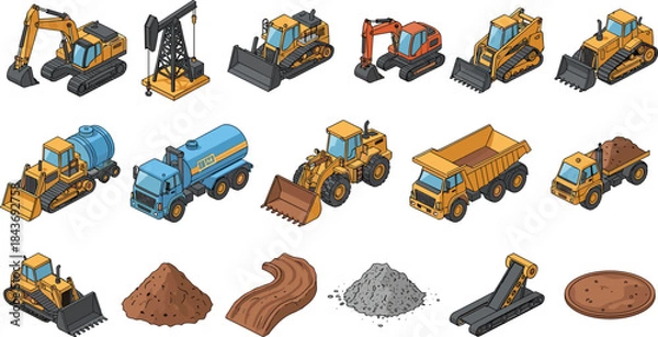 Fototapeta Construction machinery icon set featuring excavators, bulldozers, loaders, dump trucks, industrial vehicles and materials, isometric vector illustration isolated on white.