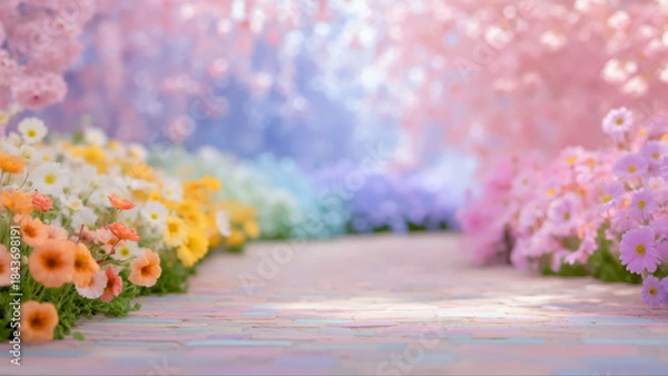 Obraz 色とりどりの春の花が咲く小道とパステルカラーの幻想的な背景