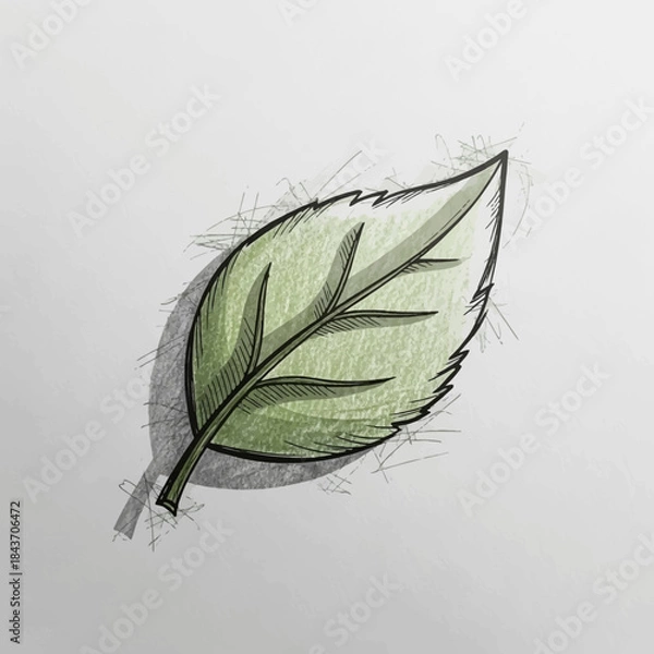 Obraz A delicate green leaf with a sketched outline and shadow.