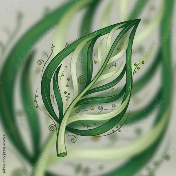 Obraz Abstract Green Leaf Design with Swirls and Dots.