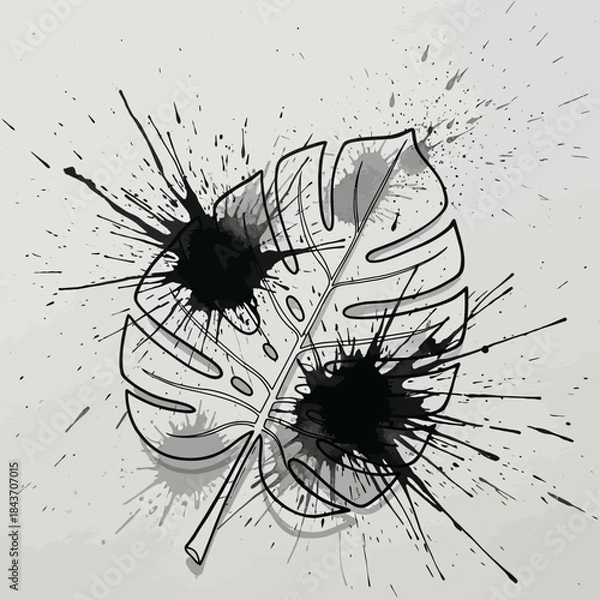 Obraz Abstract Monstera Leaf Splattered with Black Ink.
