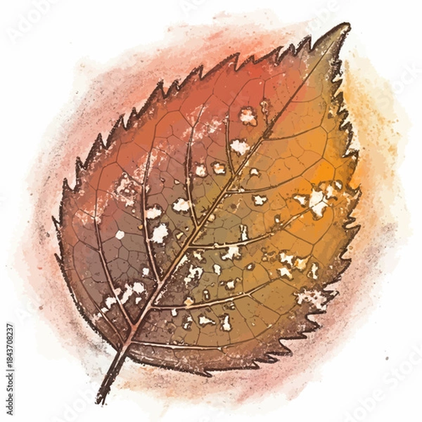 Obraz Autumn leaf with holes and watercolor background.