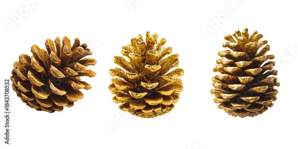 Fototapeta set of golden pine cones isolated on transparent background