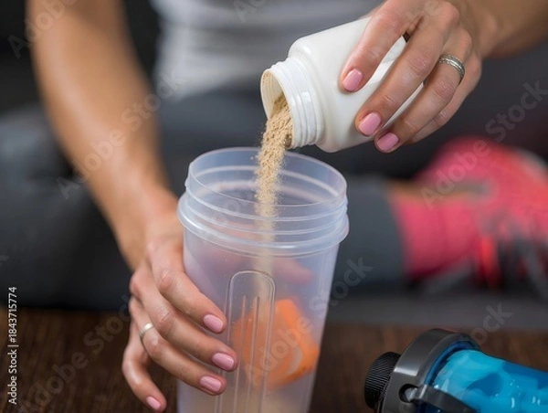 Obraz Woman Adding Protein Powder to Shaker Bottle for Post-Workout Nutrition