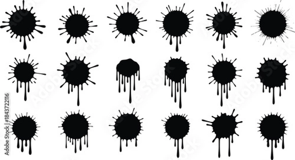 Fototapeta Black paint splash and dripping ink silhouette set with grunge splatter shapes, abstract messy vector elements for graffiti and creative background designs