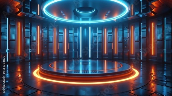 Fototapeta Cyberpunk style Future Technology Control Room 3D Rendering Science Fiction Scene