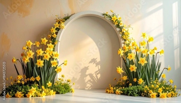 Obraz spring time photography backdrop with daffodils and plain wall background 