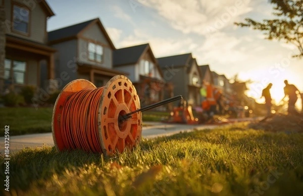 Fototapeta Construction workers install fiber optic cable