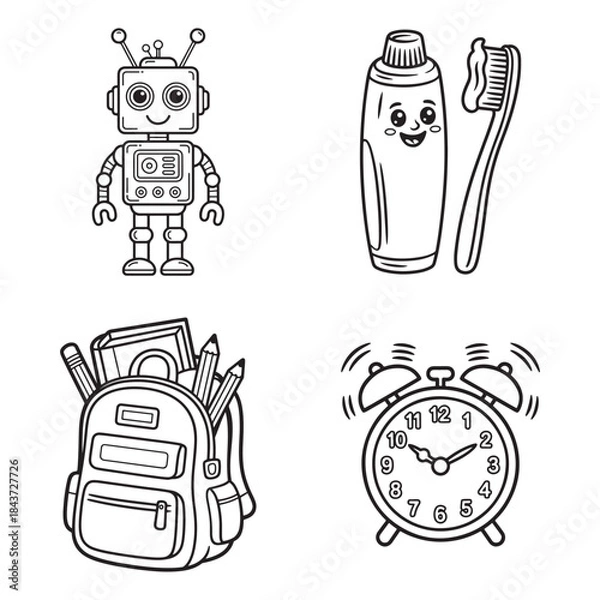 Obraz Morning Routine Icon Set with Robot, Toothbrush, Backpack, and Alarm Clock