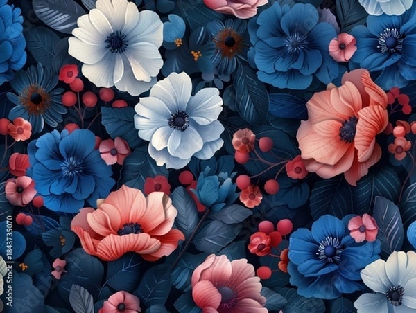 Obraz 3D paper art style flowers with blue background and pink orange flower illustrations