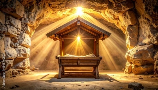 Obraz A dark ancient cave interior with a close-up focus on an empty wooden manger