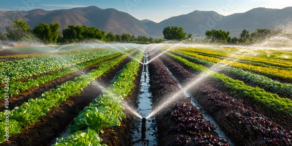 Obraz Vegetable crops sprayed by irrigation system modern agriculture overhead