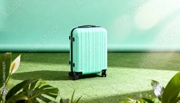 Obraz Mint Green Hard Shell Suitcase in Minimal Sunlit Studio Setting