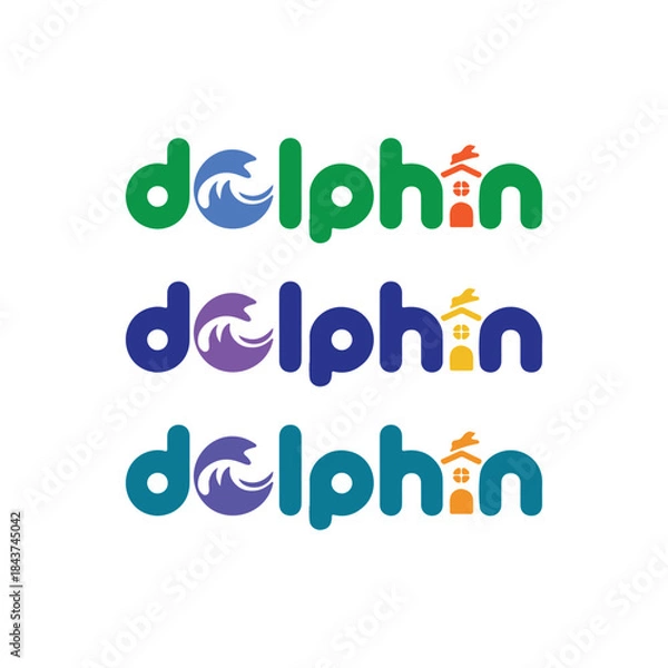 Obraz Dolphin Home Logo Variations with Wave and House Elements