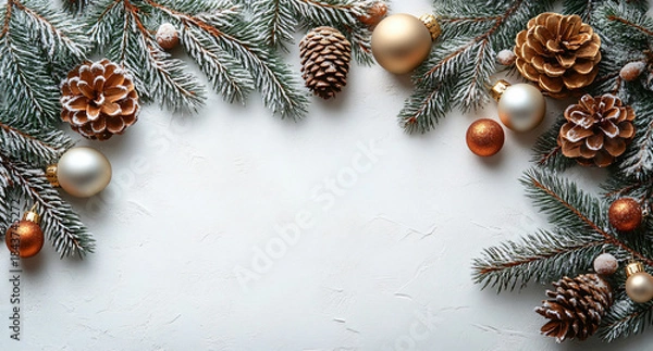 Obraz Elegant White Christmas Background with Snow Texture, Pine Border, and Rustic Details — Email Template, Corporate Advertisement, Greeting Card