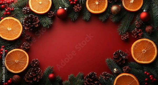 Obraz Vibrant Red Christmas Background with Shiny Ornaments, Pine Leaves, and Festive Details — Promotional Material, Card Template