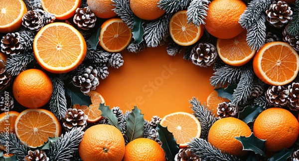Obraz Christmas Flat Lay with Citrus Fruits, Golden Ornaments, and Dark Texture — Product Mockup, Social Media Template