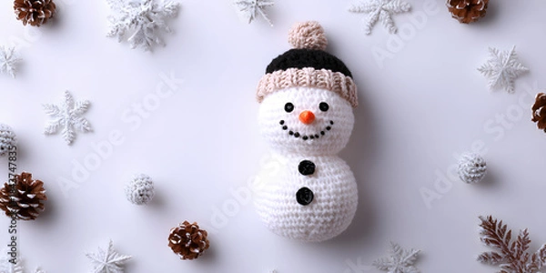 Obraz Snowman flat lay on white background Christmas holiday concept