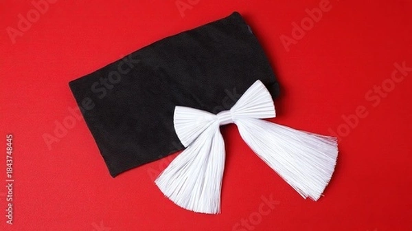 Obraz academia. Graduation cap with tassel and decorative bow on red background in a top-down view composition. event programs, museum guides, designed for cultural heritage projects and event programs.