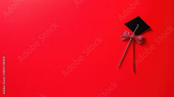Obraz academia. Graduation cap with tassel and decorative bow on red background in a top-down view composition. event programs, museum guides, designed for cultural heritage projects and event programs.